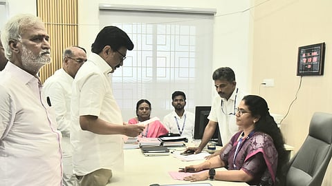 Chief Minister MK Stalin files his nomination papers with the Returning officer S Shanti for Kolattur Assembly Constituency, on Monday in Chennai 