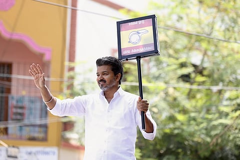 TVK chief Vijay after filing nomination to contest in the upcoming Assembly elections from the Perambur constituency in Chennai.