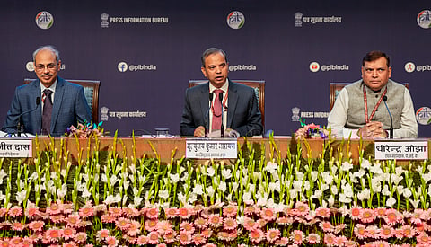 From left to right, Deputy Director General (DDG) for Census Planning, Implementation & Co-ordination Biswajit Das, Registrar General and Census Commissioner Mrityunjay Kumar Narayan and Principal Director General PIB Dhirendra Ojha during a press conference on Census of India 2027, at the National Media Centre (NMC), in New Delhi, Monday, March 30, 2026. 