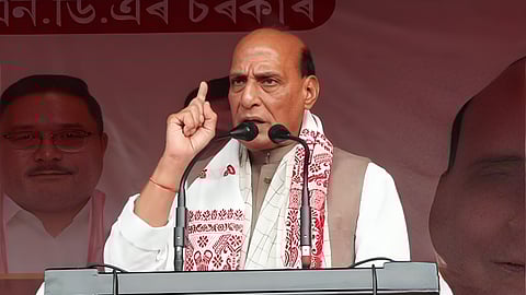 Defence Minister Rajnath Singh addressing an election rally in Assam's Tezpur.