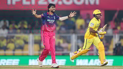Brijesh Sharma (l) made his IPL debut on Monday when he claimed 1/17 for Rajasthan Royals against Chennai Super Kings