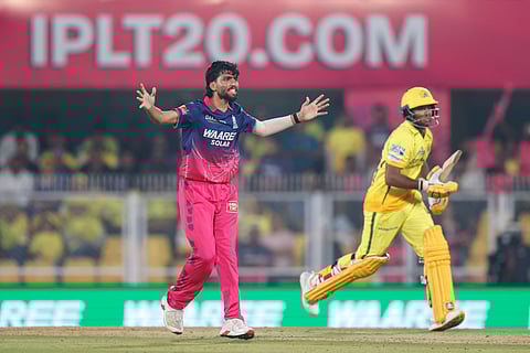MS Dhoni (L) and Ayush Mhatre during nets on Thursday