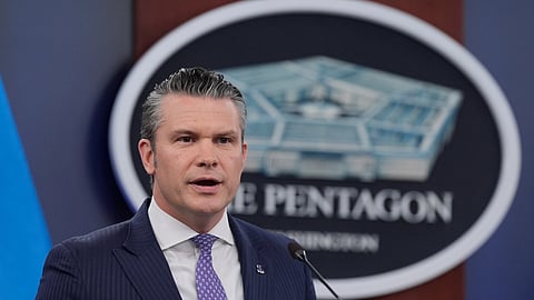 US Defense Secretary Pete Hegseth speaks to members of the media during a press briefing at the Pentagon in Washington, Tuesday, March 31, 2026. 