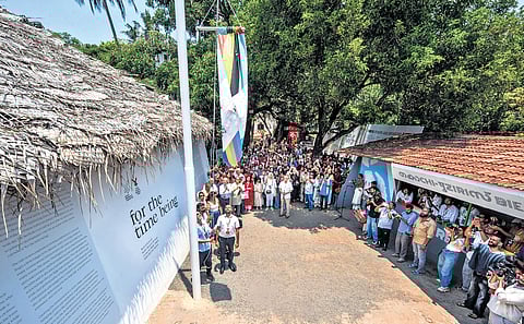The flag-lowering ceremony held at Aspinwall House as part of the conclusion of the sixth edition of Kochi-Muziris Biennale