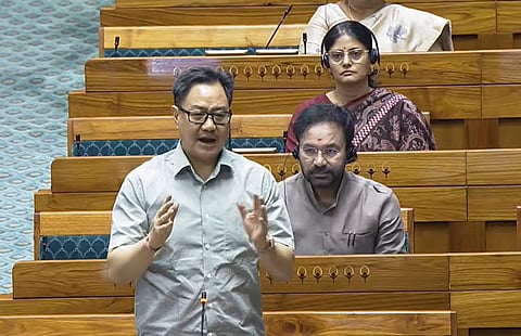 Union Minister for Parliamentary Affairs Kiren Rijiju speaks in the Lok Sabha during the second part of the Budget session of Parliament, in New Delhi, Wednesday, April 1, 2026.