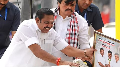 AIADMK general secretary Edappadi K Palaniswami receiving a poster of him with ‘Thala’ Ajith Kumar (actor), during a poll campaign on Tuesday.