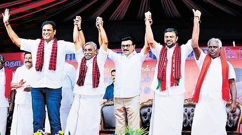 Chief Minister M K Stalin canvassing votes for candidates of the the Secular Progressive Alliance in Tiruvarur on Tuesday.