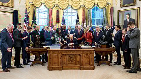 US President Donald Trump receives the prayers of evangelical Christian ministers in the Oval Office, March 5, 2026.