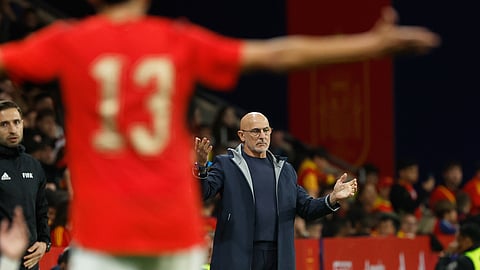 Spain's coach Luis de la Fuente reacts during the international friendly soccer match between Spain and Egypt in Barcelona , Spain, Tuesday, March 31, 2026.