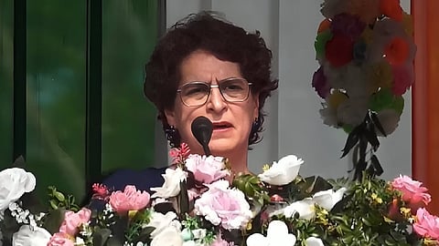 Congress leader Priyanka Gandhi addressing an election rally on Wednesday.