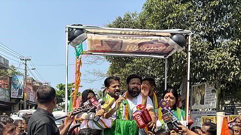 Telangana CM Revanth Reddy speaks during a road show in Thiruvananthapuram.