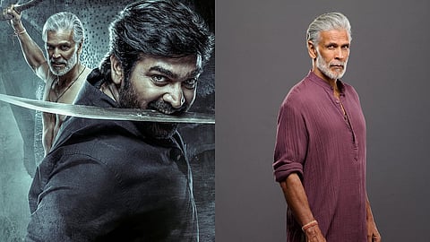 A poster for Muthu Engira Kaattaan (L) and Milind Soman (R)