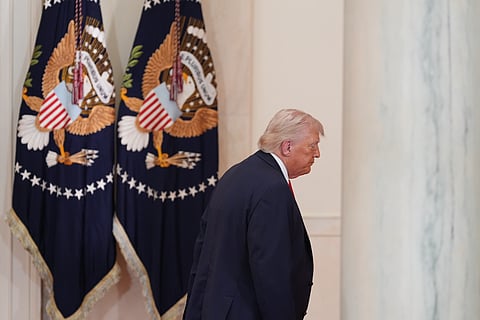 President Donald Trump departs after speaking about the Iran war from the Cross Hall of the White House on Wednesday, April 1, 2026, in Washington.