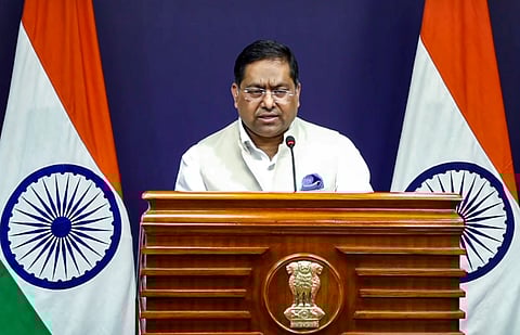 External Affairs Ministry Spokesperson Randhir Jaiswal addresses a press conference, in New Delhi, Thursday, April 2, 2026.