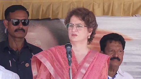 Congress General Secretary Priyanka Gandhi Vadra addresses an election campaign event in Puthanthopu on Thursday, April 2, 2026.