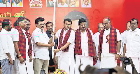 Chief Minister M K Stalin during the public meeting at Thindal, introducing the party’s candidates from the Assembly seat in Erode on Thursday 