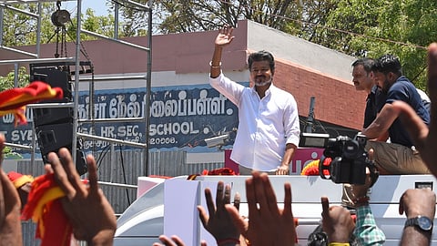 TVK leader Vijay campaigning near the Syed Murthuza higher secondary school in Marakkadai Junction 