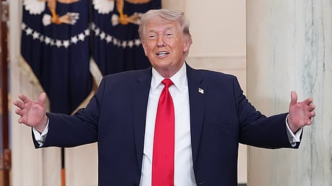 President Donald Trump gestures after speaking about the Iran war from the Cross Hall of the White House on Wednesday, April 1, 2026, in Washington.