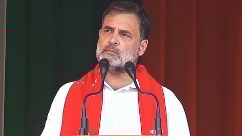 Congress leader Rahul Gandhi addressing a rally in election-bound Assam’s Karbi Anglong.