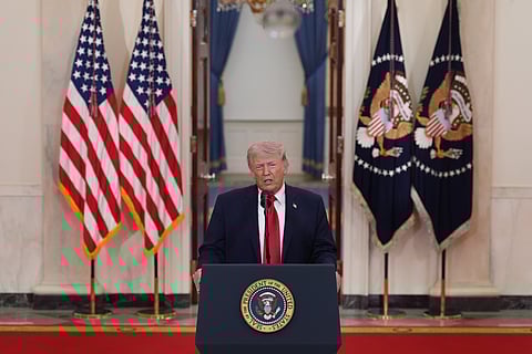 President Donald Trump speaks about the Iran war from the Cross Hall of the White House on Wednesday, April 1, 2026, in Washington.