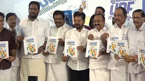 Leader of the Opposition V D Satheesan on Thursday unveiled the United Democratic Front (UDF)’s election manifesto for the April 9 Assembly elections in Kerala. Telangana chief minister, Revanth Reddy was also present at the event.