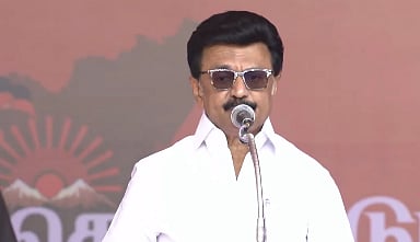 Tamil Nadu Chief Minister MK Stalin addressing a poll rally in Erode.
