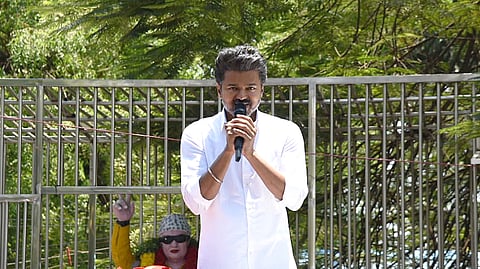 Tamilaga Vettri Kazhagam (TVK) chief Vijay addresses a campaign event in Tiruchy on Thursday, April 2, 2026.