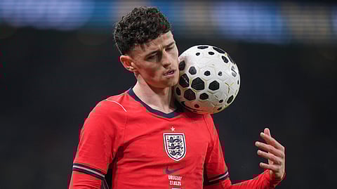 England's Phil Foden holds the ball during the international friendly soccer match between England and Uruguay in London, Friday, March 27, 2026.