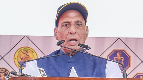Defence Minister Rajnath Singh speaking at the commissioning ceremony of indigenously built stealth frigate, INS Taragiri in Vizag.