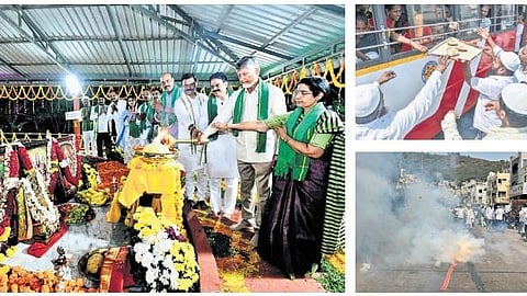 CM Chandrababu Naidu, along with his wife Bhuvaneswari, performs special rituals at the Capital Amaravati foundation stone plaque in Uddandarayunipalem after the passage of Amaravati bill (right) People celebrate passage of the bill in Vijayawada.