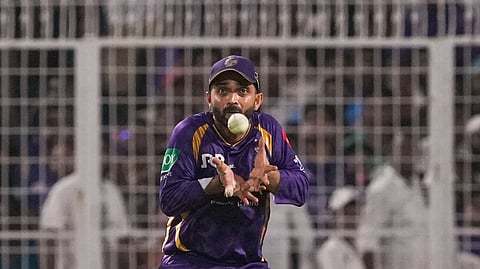 KKRs' captain Ajinkya Rahane attempts a catch of Sunrisers Hyderabad's Shivang Kumar during the IPL 2026 cricket match between Kolkata Knight Riders and Sunrisers Hyderabad, at Eden Gardens on April 2, 2026. 