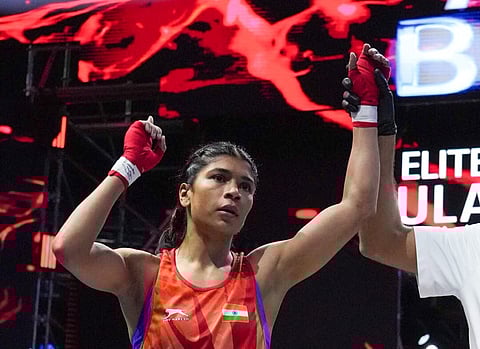 Nikhat Zareen celebrates her victory on Friday