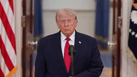 President Donald Trump arrives to speak about the Iran war from the Cross Hall of the White House on Wednesday, April 1, 2026, in Washington. 
