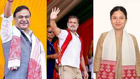 From left to right: Assam CM Himanta Biswa Sarma, Congress leader Rahul Gandhi and Assam Jatiya Parishad candidate Kunki Chowdhury.