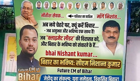 Posters featuring Nitish Kumar's son Nishant as next Bihar CM surface outside JD(U) office in Patna.