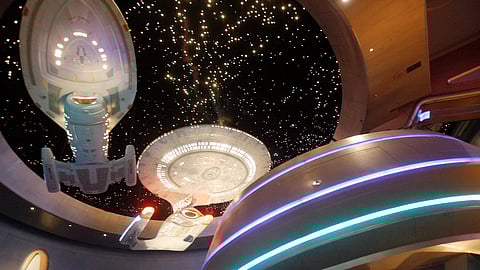 Model ships hang at the entrance to the Star Trek Experience at the Las Vegas Hilton in Las Vegas on Aug. 25, 2008