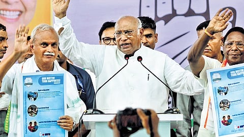 Mallikarjun Kharge, president of All India Congress Committee, releasing his party’s manifesto for upcoming Puducherry Assembly polls on Saturday | Sriram R