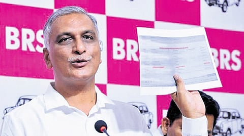 BRS MLA T Harish Rao addresses the press at Telangana Bhavan in Hyderabad on Sunday