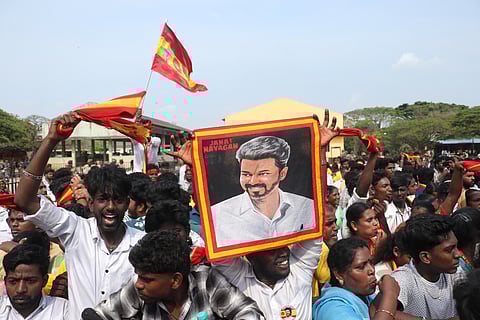 TVK leader and actor Vijay campaign for upcoming Puducherry assembly caption at the Government Exhibition Ground in Thattanchavady on Saturday. 
