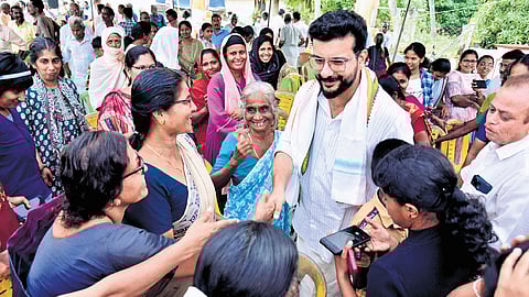 UDF candidate for Palakkad constituency Ramesh Pisharody interacting with women voters on Sunday 