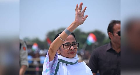 West Bengal Chief Minister Mamata Banerjee at an an election rally at Samserganj.