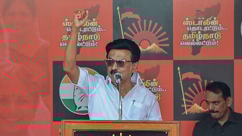 Chief Minister M K Stalin speaking during a campaign in Tirunelveli 