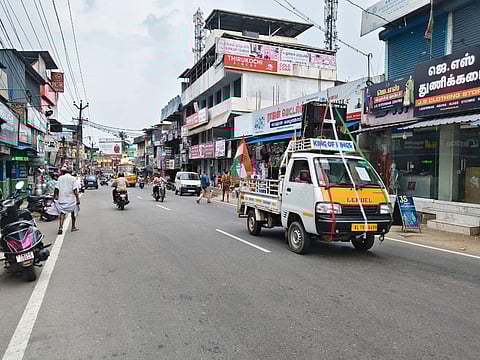 A campaign vehicle of a party contesting elections in Kerala, canvassing on the road connecting Kaliyakkavilai and Padanthalumoodu in Kanniyakumari 