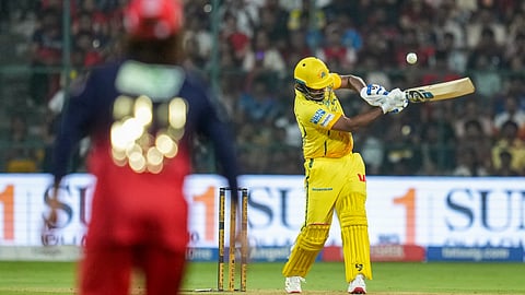 Chennai Super Kings' Sanju Samson plays a shot during an IPL 2026 T20 cricket match between Royal Challengers Bengaluru and Chennai Super Kings, in Bengaluru, Karnataka, Sunday, April 5, 2026.