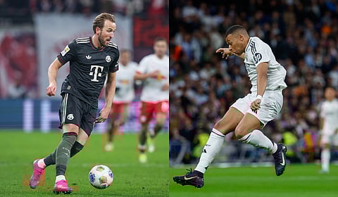 Bayern Munich's Harry Kane (L) and Real Madrid's Kylian Mbappe 