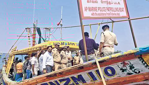 Marine police personnel, along with 44 staffers of other departments, conducting patrol across the coast for preventing TN fishermen entering AP waters 