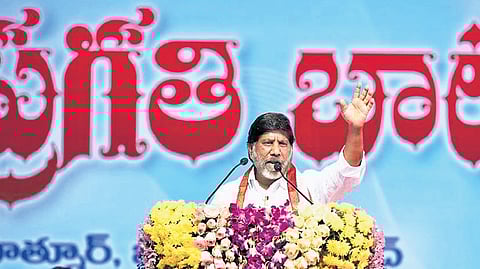 Deputy Chief Minister Mallu Bhatti Vikramarka addresses a public meeting at Pippiri village in Boath Assembly constituency on Monday