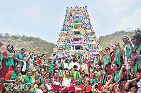 Amaravati farmers at Kanaka Durga temple atop Indrakeeladri hill in Vijayawada on Monday 