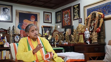 Shashi Tharoor, Member of Parliament, speaks during an interview.