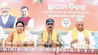 Dy CM Pravati Parida, Revenue minister Suresh Pujari and other leaders at the BJP foundation day programme in Bhubaneswar on Monday